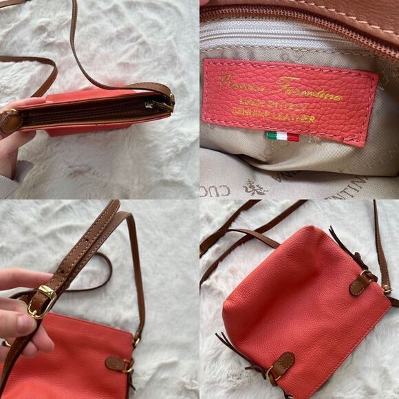 Cuoieria Fiorentina Leather Cross Body Bag Coral Pink Brown Made in Italy - Picture 9 of 10
